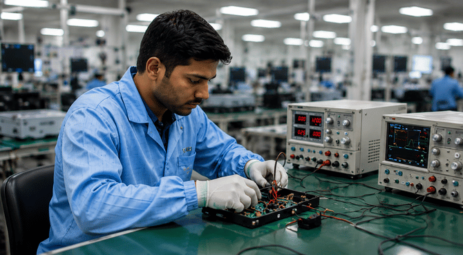 Electronics production workers assembling components