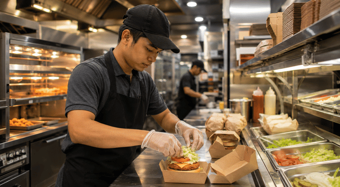 Workers preparing food in a professional food production environment