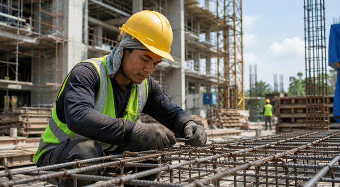 Asian construction worker wearing safety equipment