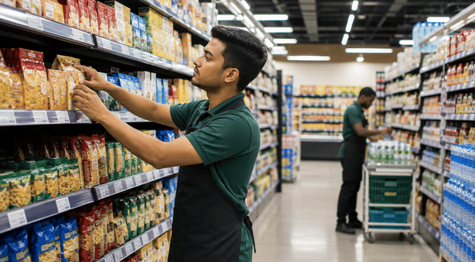 Retail and wholesale worker handling stock