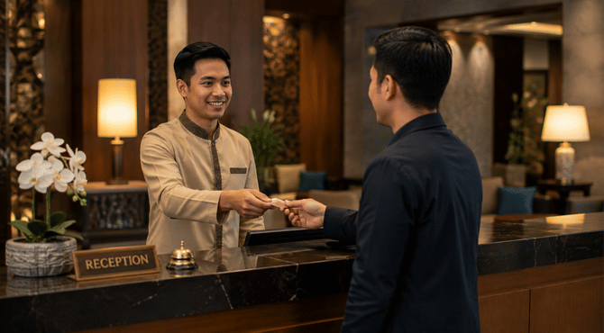 Hospitality worker providing professional guest service